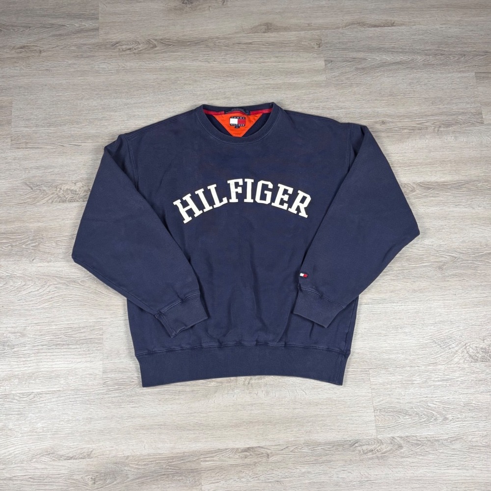 Tommy Hilfiger Sweatshirt Mens L Navy Blue Spellout Crewneck Vintage Skater Y2K